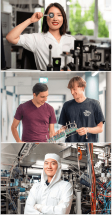 Collage von jungen Personen in einem Forschungslabor beim Experimentieren und Diskutieren.